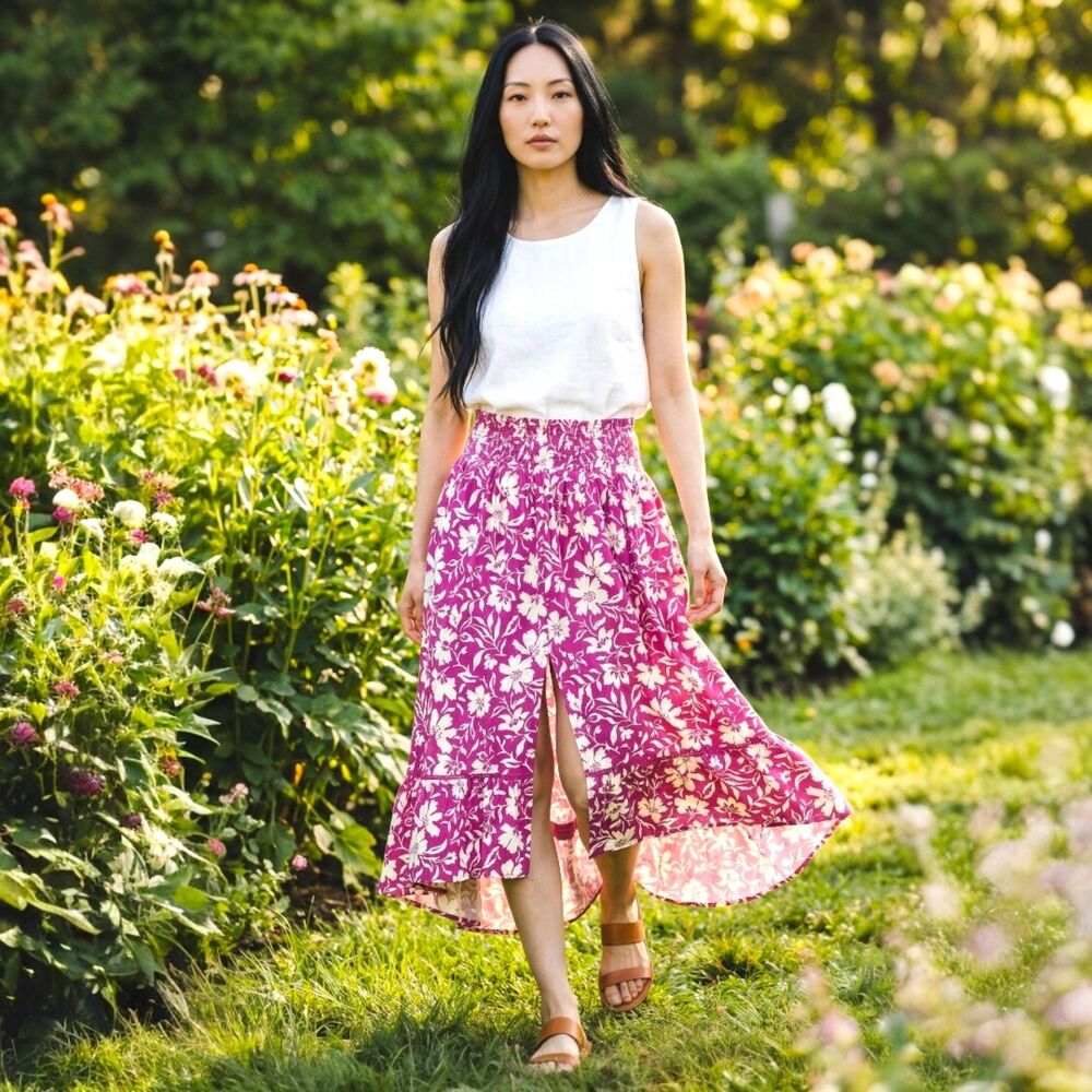Patrons of Peace Boho Beige Floral Print on Red Background Maxi Hi-Lo Skirt Sz L